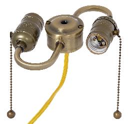 2-Light S-Type Wired Steel Lamp Cluster w/Pull-Chain (E-26) Lamp Sockets, Antique Brass Finish