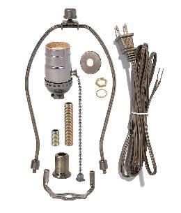 Antique Bronze Finish Table Lamp Wiring Kit w/Pull Chain Socket, Choice of Lamp Harp Height