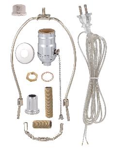 Nickel Finish Table Lamp Wiring Kit w/ Pull Chain Socket, Choice of Harp Size