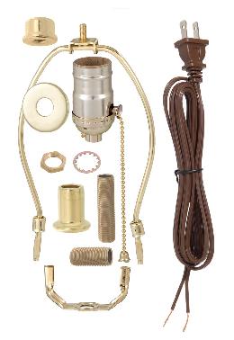 Brass Plated Table Lamp Wiring Kit w/ Pull Chain Socket, Choice of Harp Size