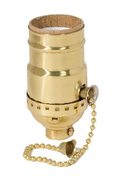 On/Off Pull Chain Solid Brass Lamp Socket, No UNO Threading, Polished and Lacquered