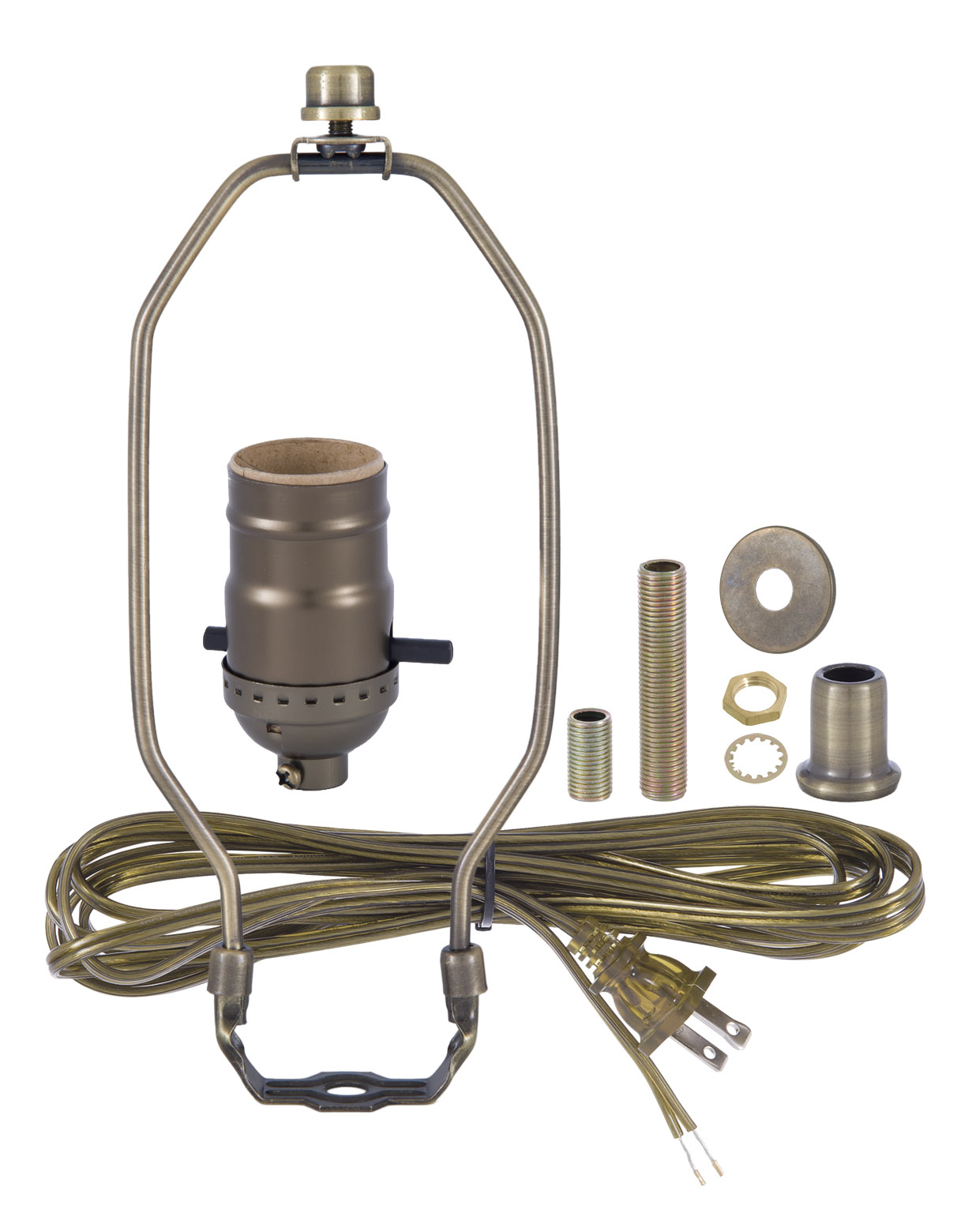 Table Lamp Wiring Kit ~ ANTIQUE BRASS   ~ 3 WAY Light Socket ~ 8' Cord ~ 6" Harp 